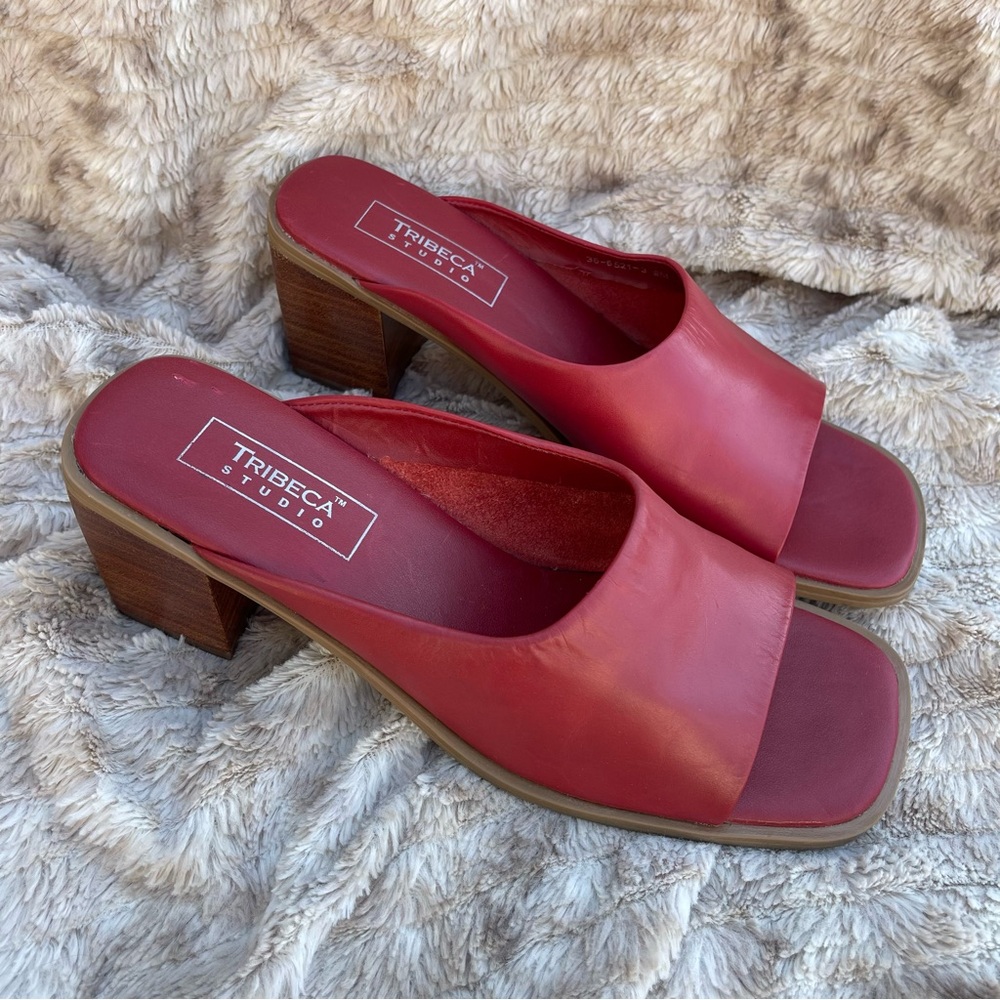 TRIBECA Studio Red Slide Sandals with Low Block Heel - Picture 3 of 8
